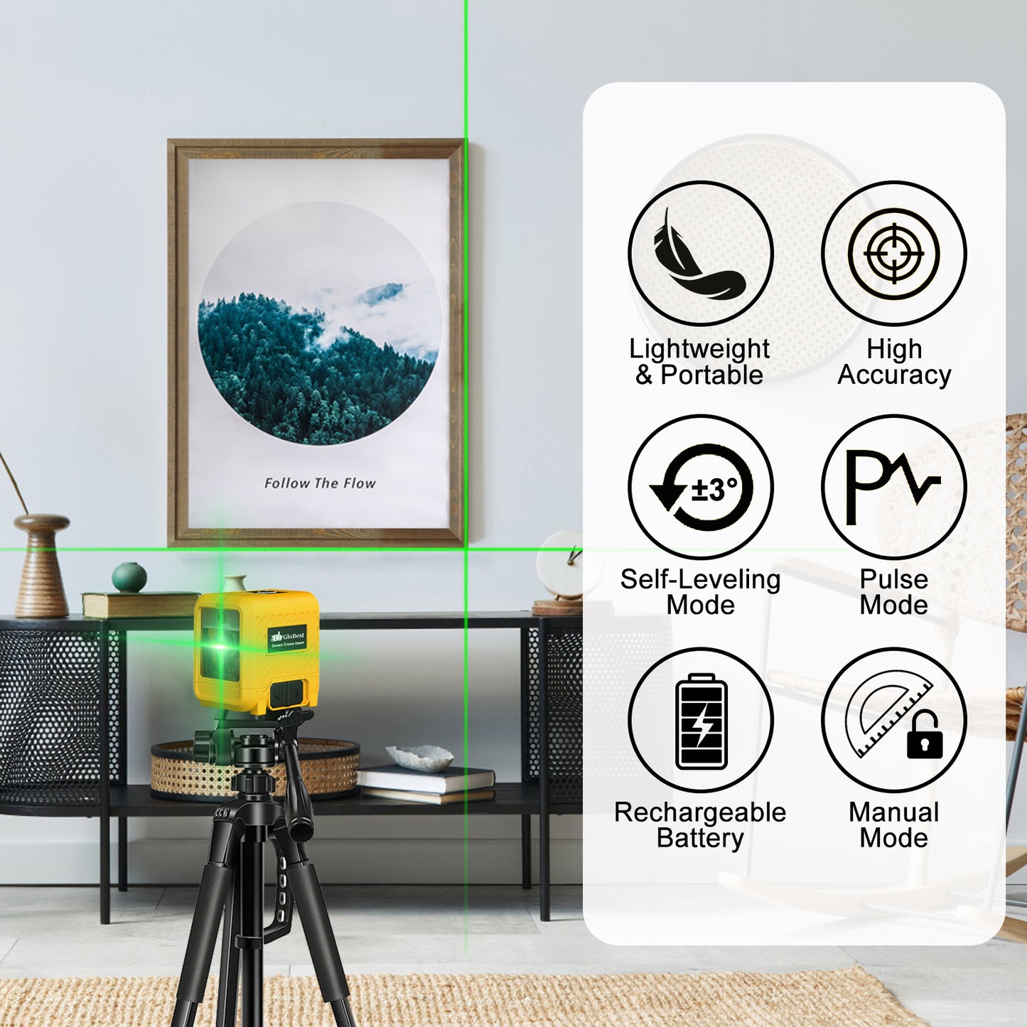 Laser Level with Rechargeable Lithium Battery, Self-Leveling Green Cross Line Tool - Model LS T6G