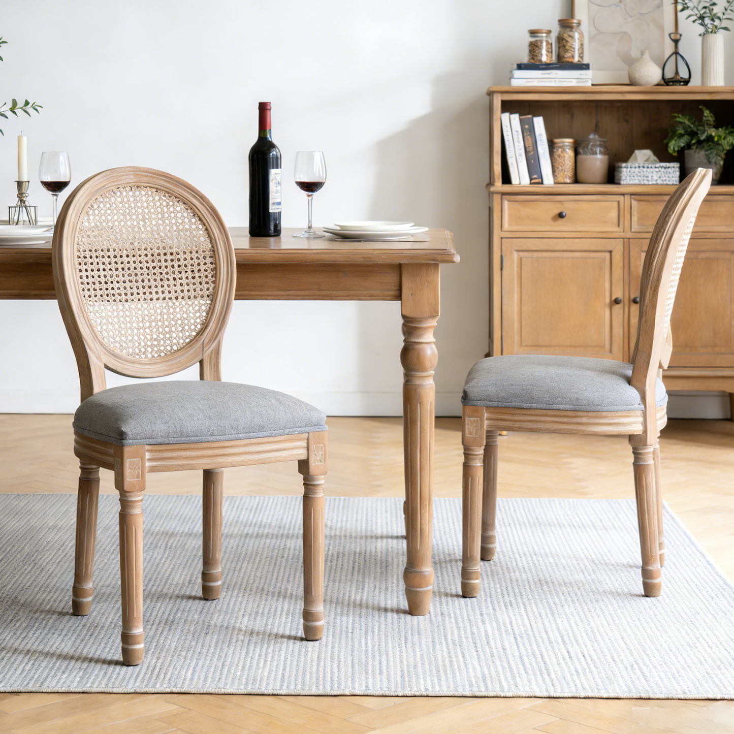 Farmhouse Dining Chairs Set of 2 - Grey Linen & Rattan Backrest