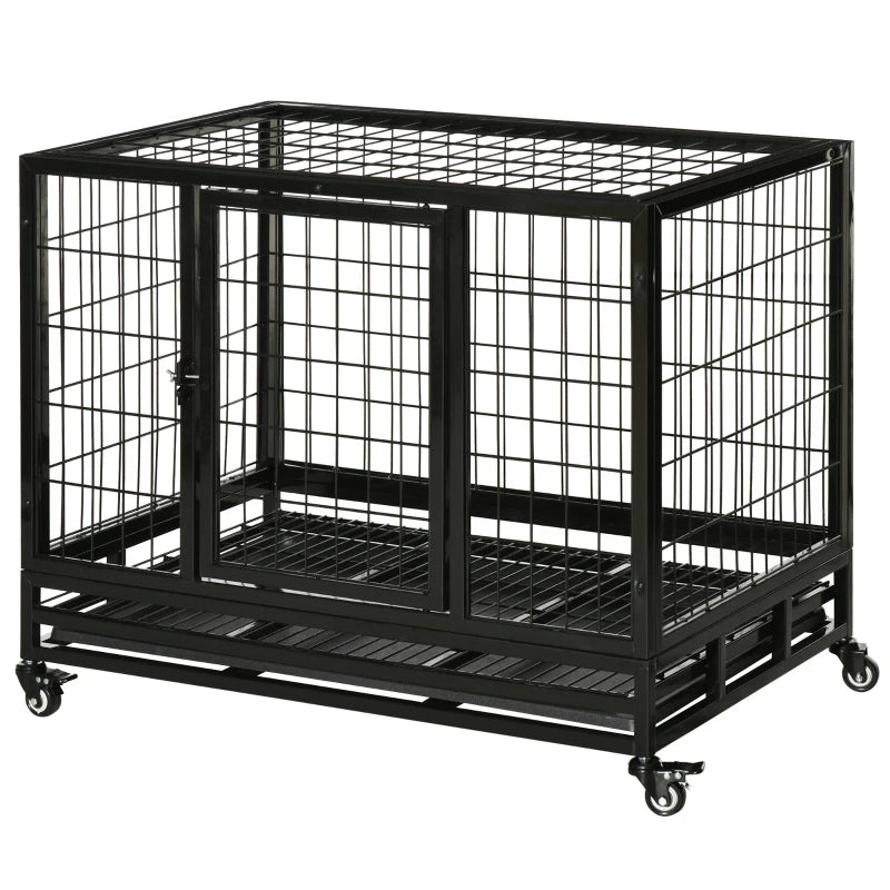 Heavy Duty Dog Crate with Removable Tray & Lockable Wheels - Medium & Large Pets, Black