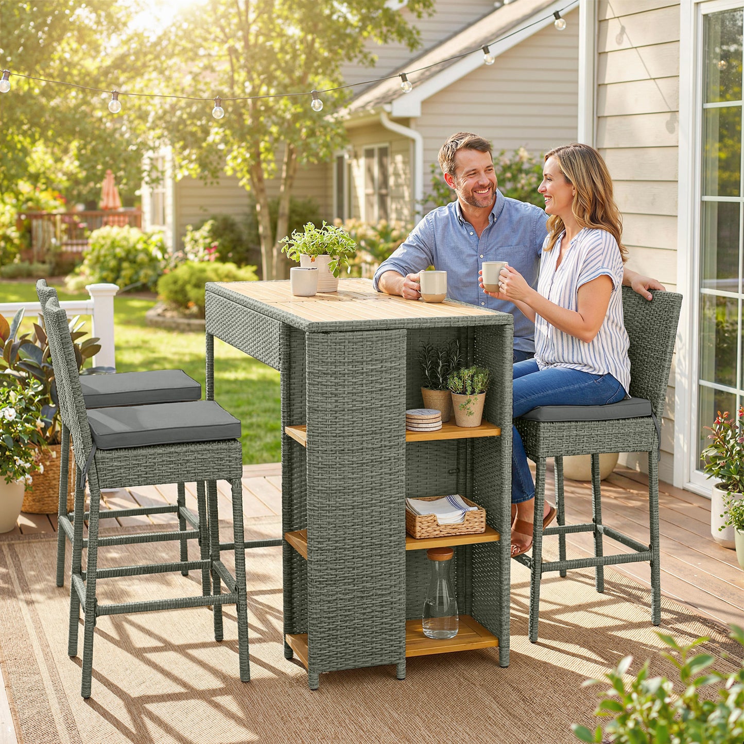 5-Piece Wicker Outdoor Bar Set with Cushions & 3 Shelves - Gray