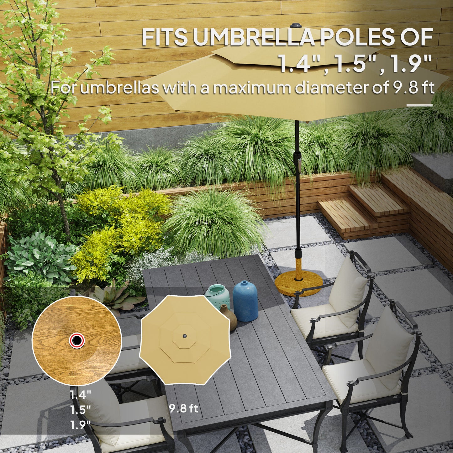 Heavy Duty Patio Umbrella Base Stand with Adjustable Pads - Natural Wood