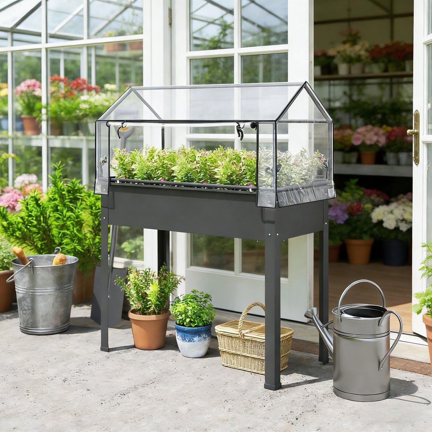 Outdoor Elevated Garden Box with Greenhouse - Dark Gray
