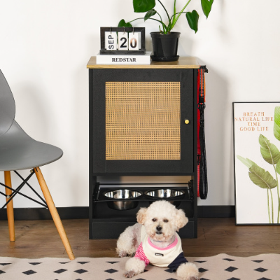 Pet Feeding Station with Storage Cabinets and Elevated Bowls - Black