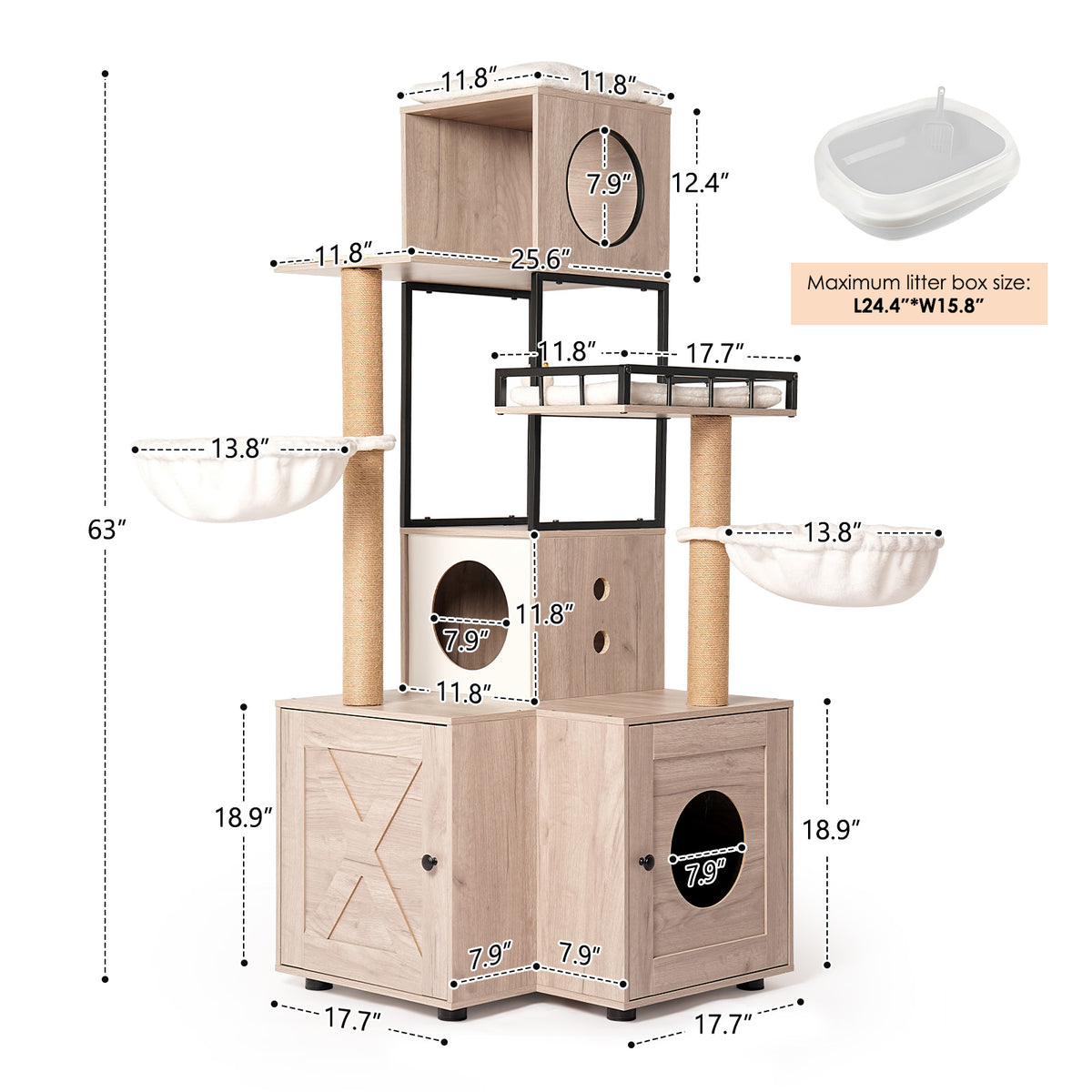 Multi-Functional Cat Tree with Litter Box, Scratching Posts & Washable Cushion - Rustic Gray