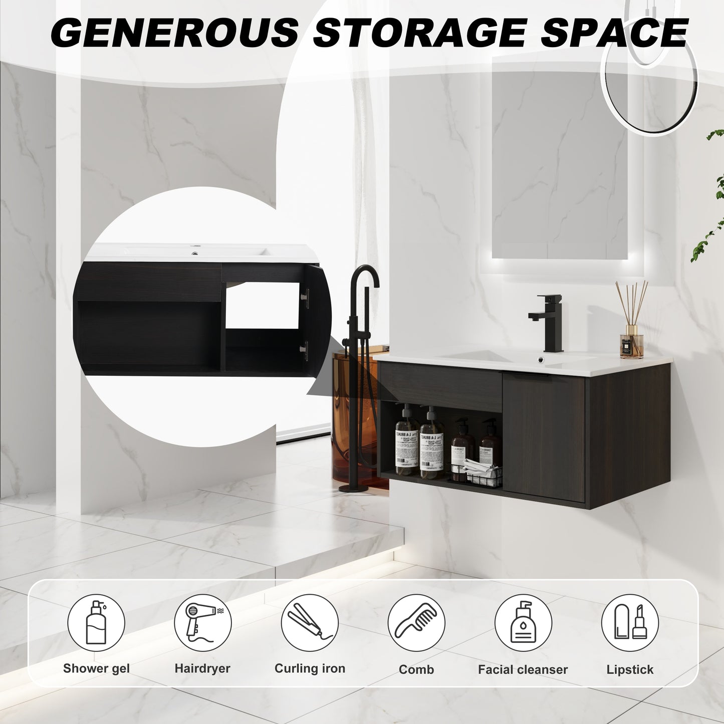 30-Inch Wall-Mounted Bathroom Vanity with Ceramic Sink - Dark Oak