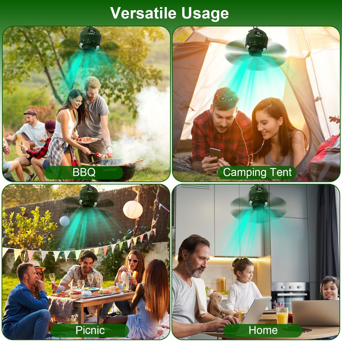 3-in-1 Camping Fan with LED Lantern and Power Bank - Rechargeable, Quiet, Detachable Blades