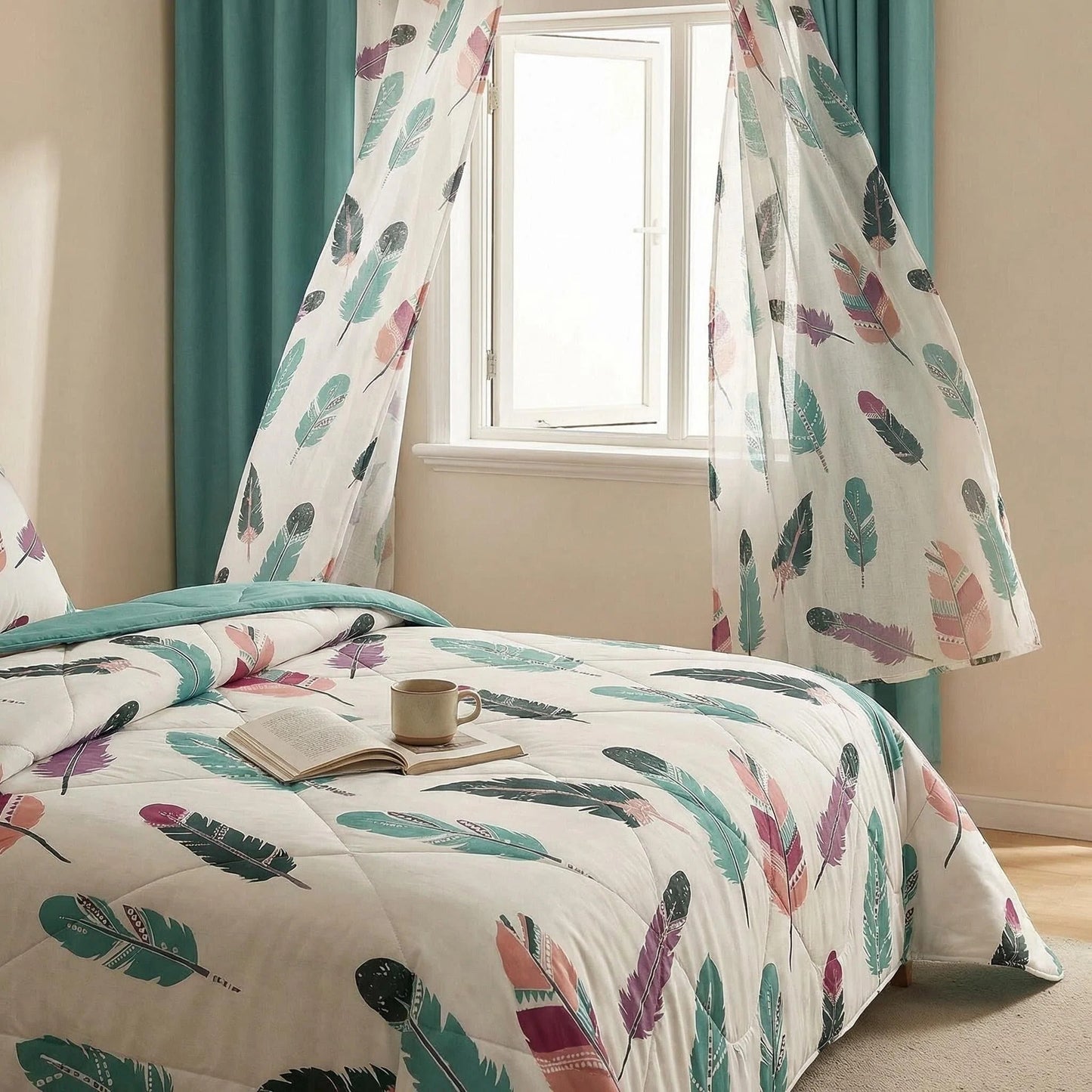9-Piece Boho Feather Print Quilt & Curtain Set with Customizable Panels
