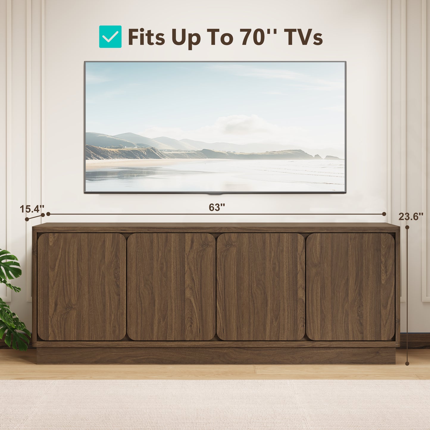 63 Inch Walnut TV Stand with 4 Storage Doors - Modern Media Console