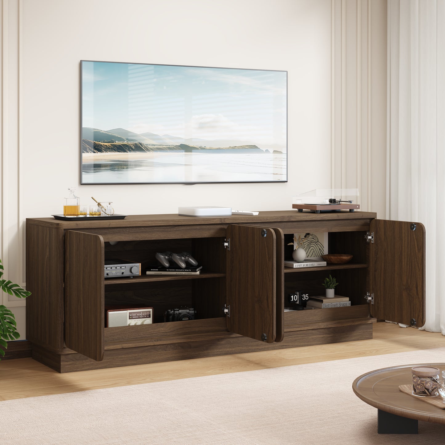 63 Inch Walnut TV Stand with 4 Storage Doors - Modern Media Console