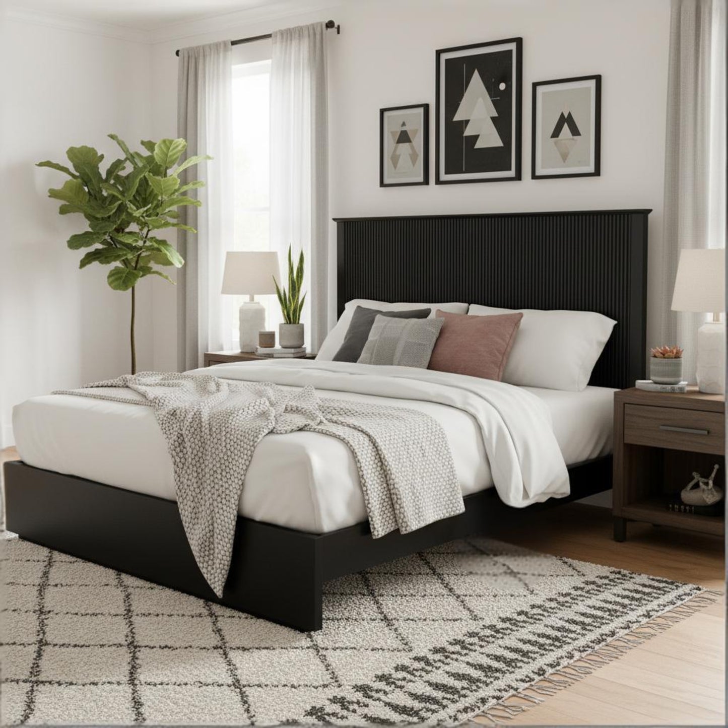 Stylish Queen Size Bed Frame - Black Solid Wood, 600lbs Capacity