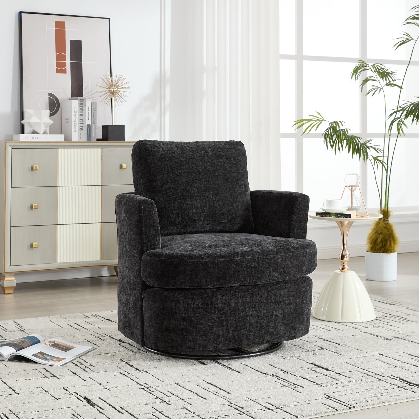 Black Swivel Accent Chair - 360 Degree Upholstered Barrel Chair