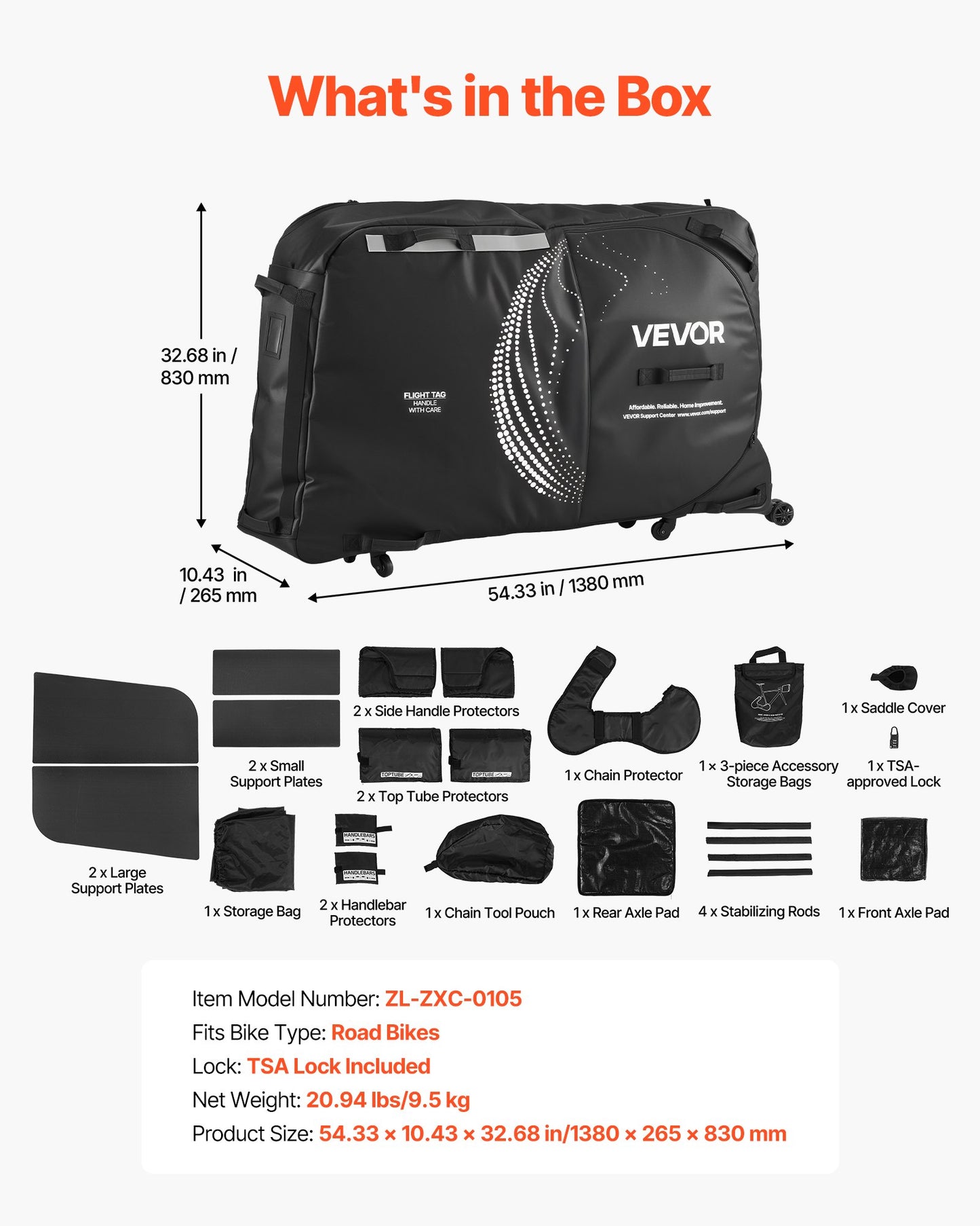 Bike Travel Bag with TSA Lock, Support Plates & Fork Mount - Max 51 Inch Wheelbase