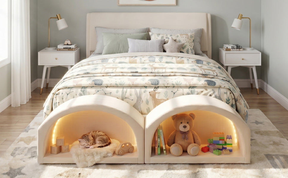 Queen Size Upholstered Platform Bed Frame with Dual Cat Caves & LED Pet Nests - Beige