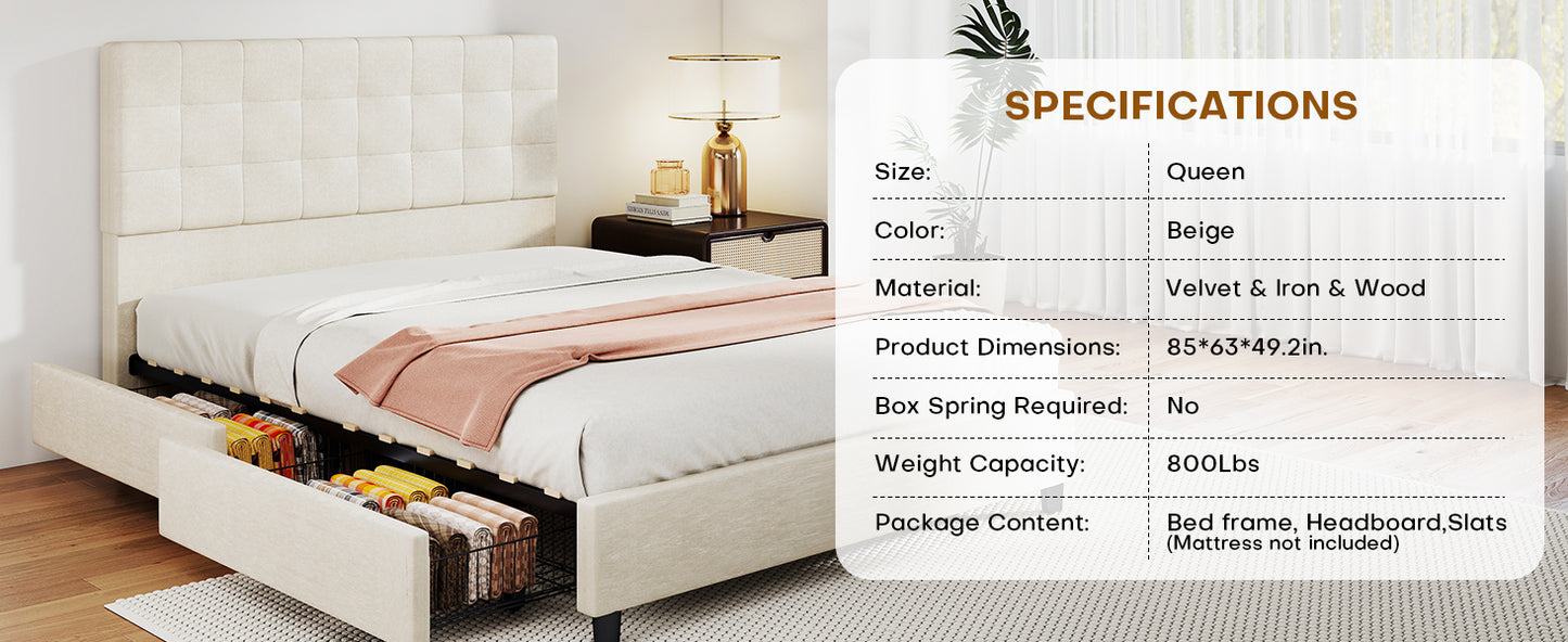 Bed Frame Upholstered Vertical Channel Headboard With 4 Storage