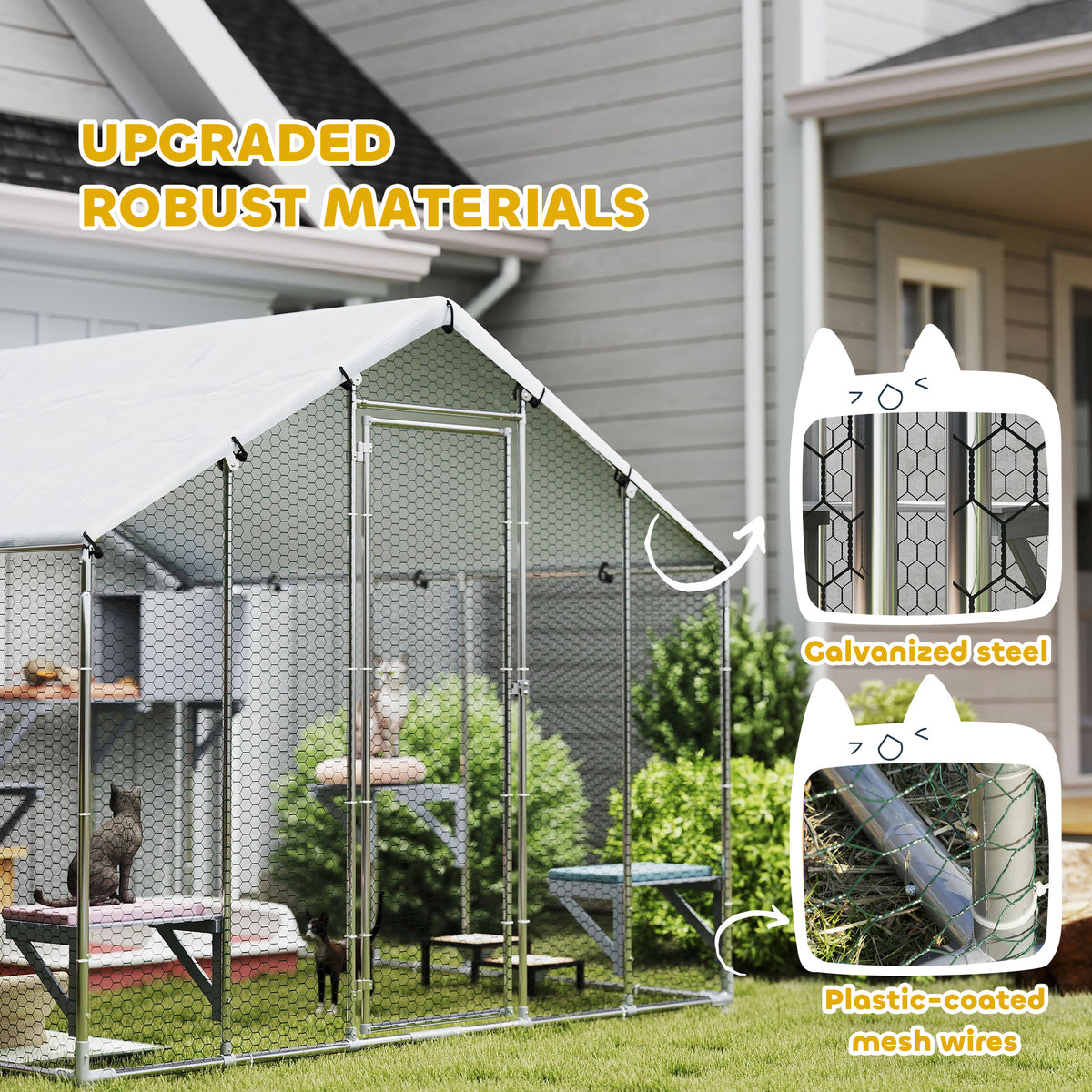 Large Metal Outdoor Catio with Waterproof Cover & Resting Boxes - Silver, 1950x350x175 mm