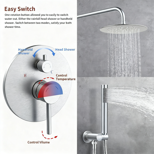 Wall-Mounted Shower Faucet Set with Rainfall & Handheld Shower - Brushed Nickel