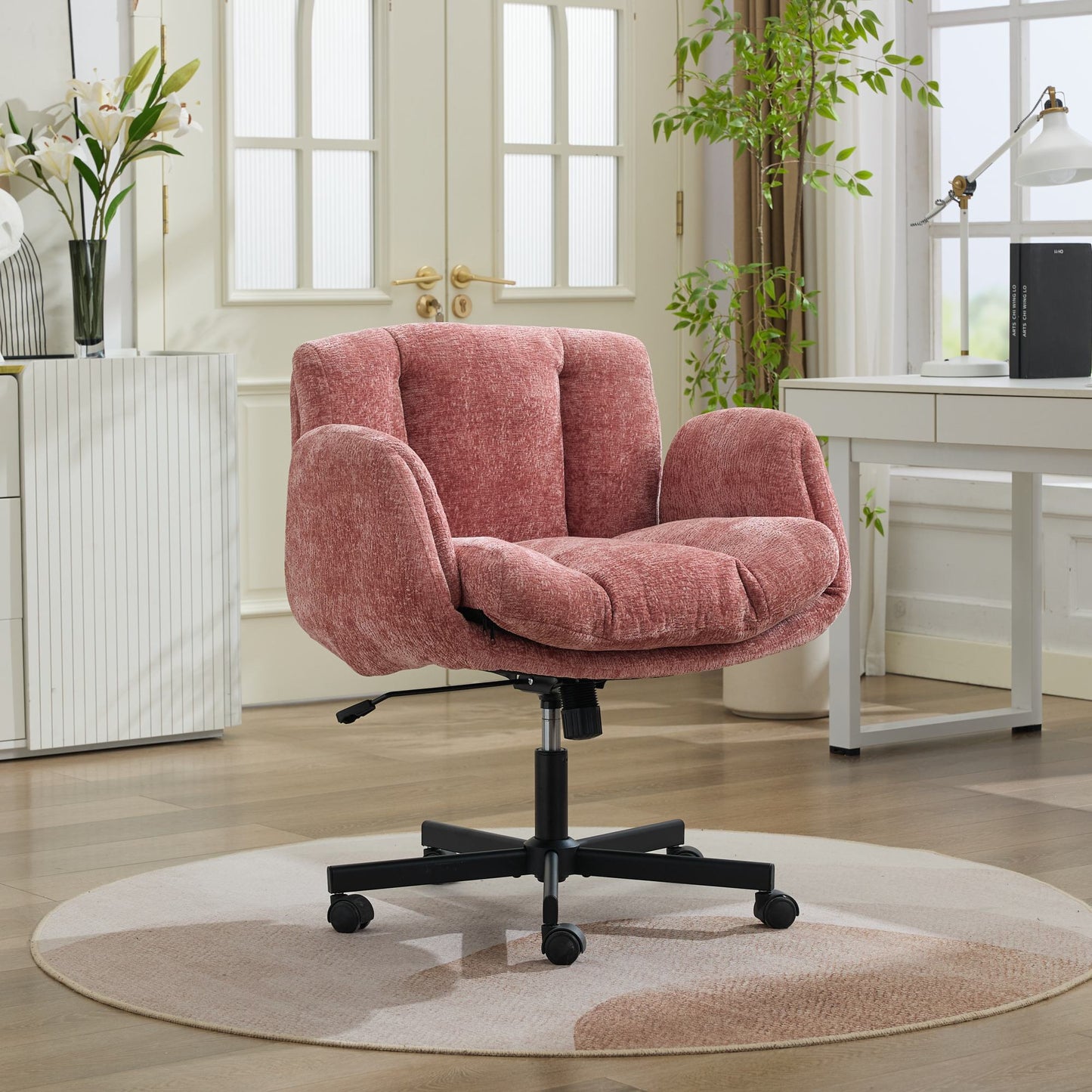 Chenille Swivel Office Chair - Adjustable Height & Armrests, Blush Pink