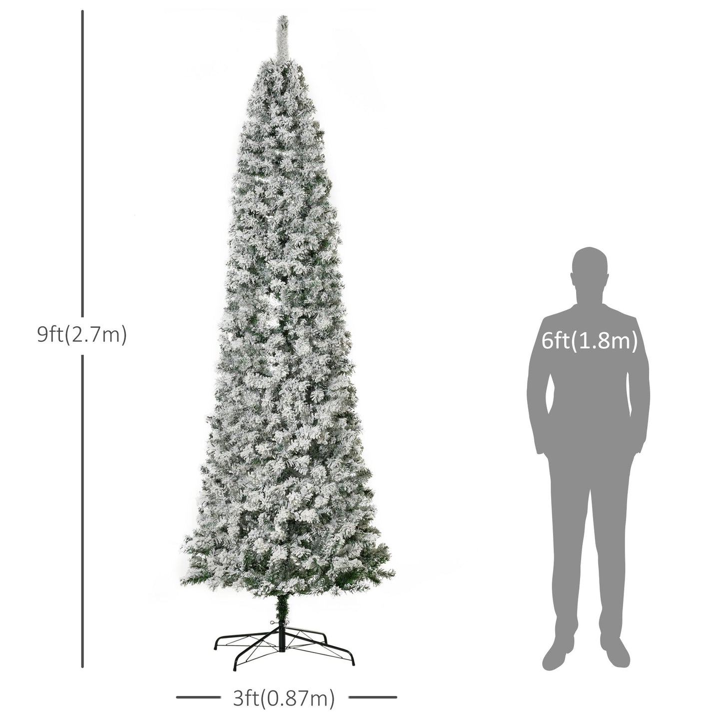 9ft Prelit Snow Flocked Pencil Christmas Tree with Warm White LED Lights
