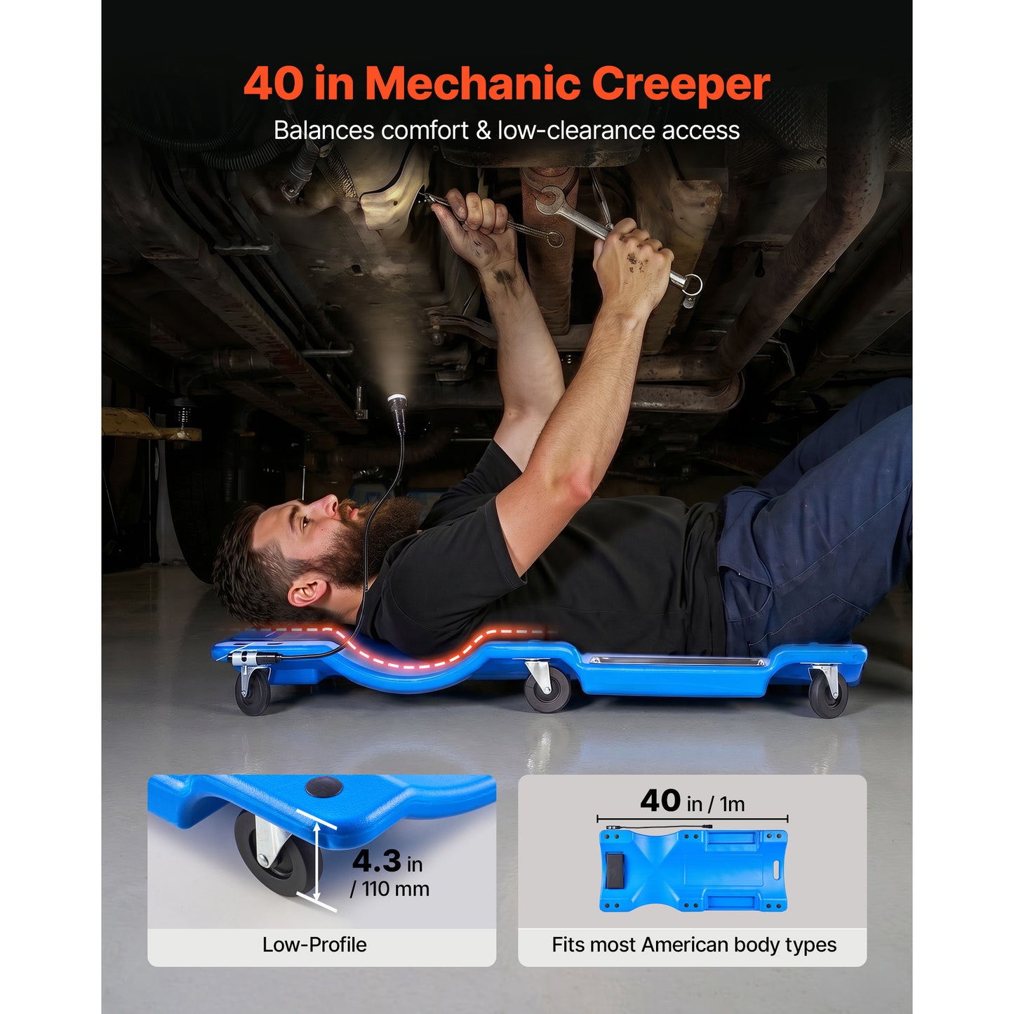 Mechanic Creeper with LED Light, Low Profile Garage Rolling Creep, 350 Lbs Capacity