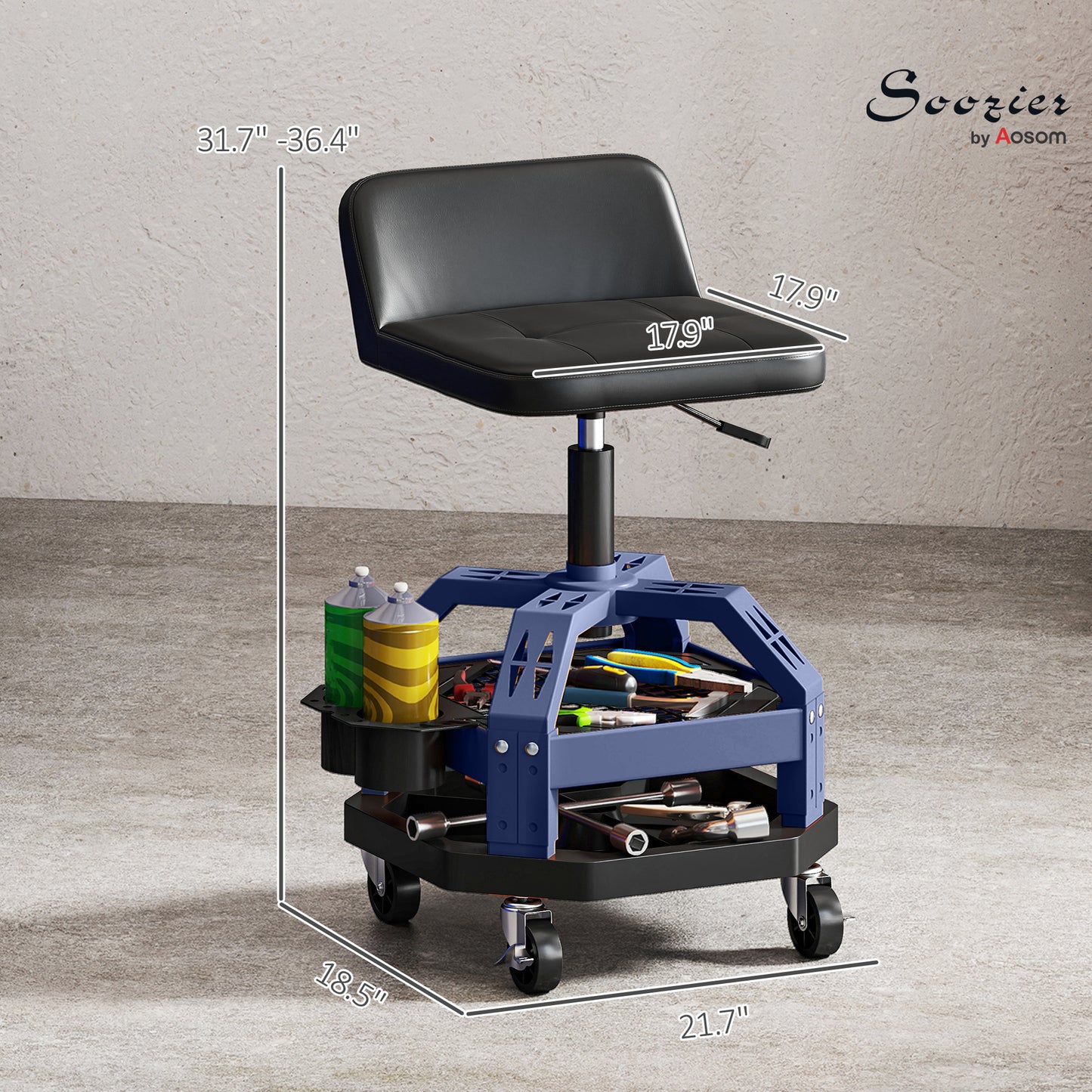 Mechanic Rolling Stool with Tool Tray - Adjustable Height, Blue