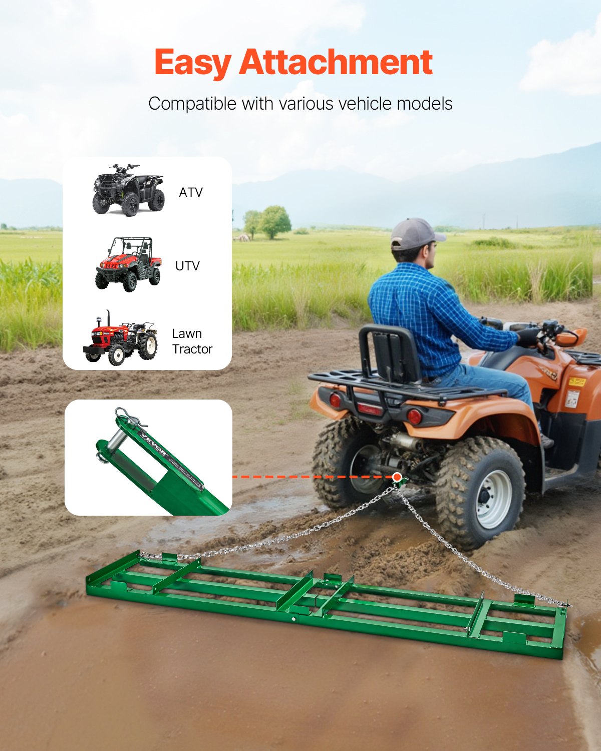 8 Ft Heavy Duty Tow Behind Drag Harrow Garden Soil Leveler Rake