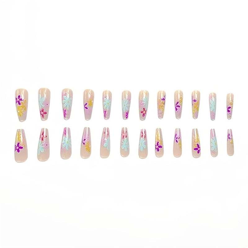 24 PCS Long Square Press-On Nails with Floral Design - Pink