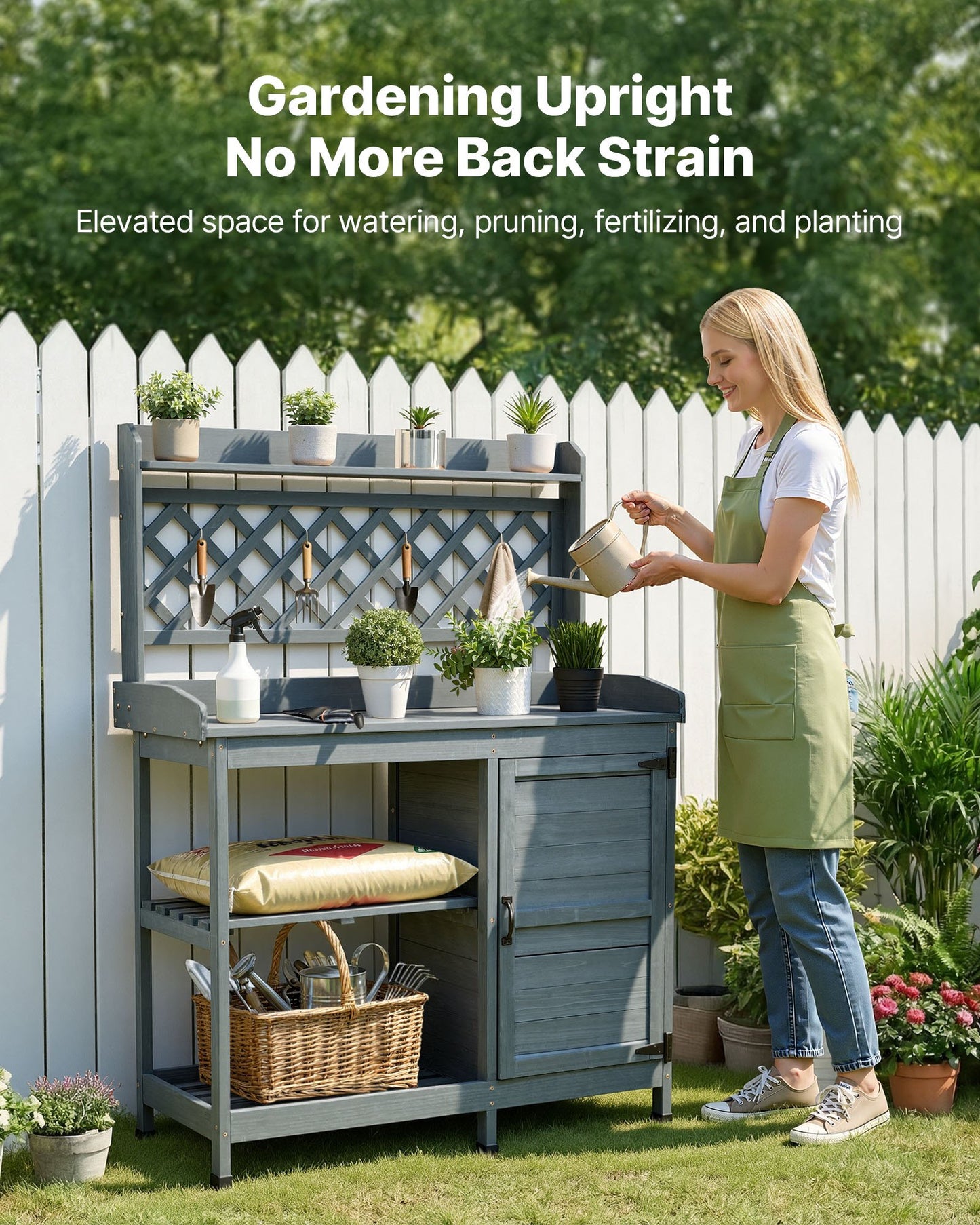 Outdoor Potting Bench Table with Storage Cabinet & Shelves - Wooden Workstation for Gardening, Gray
