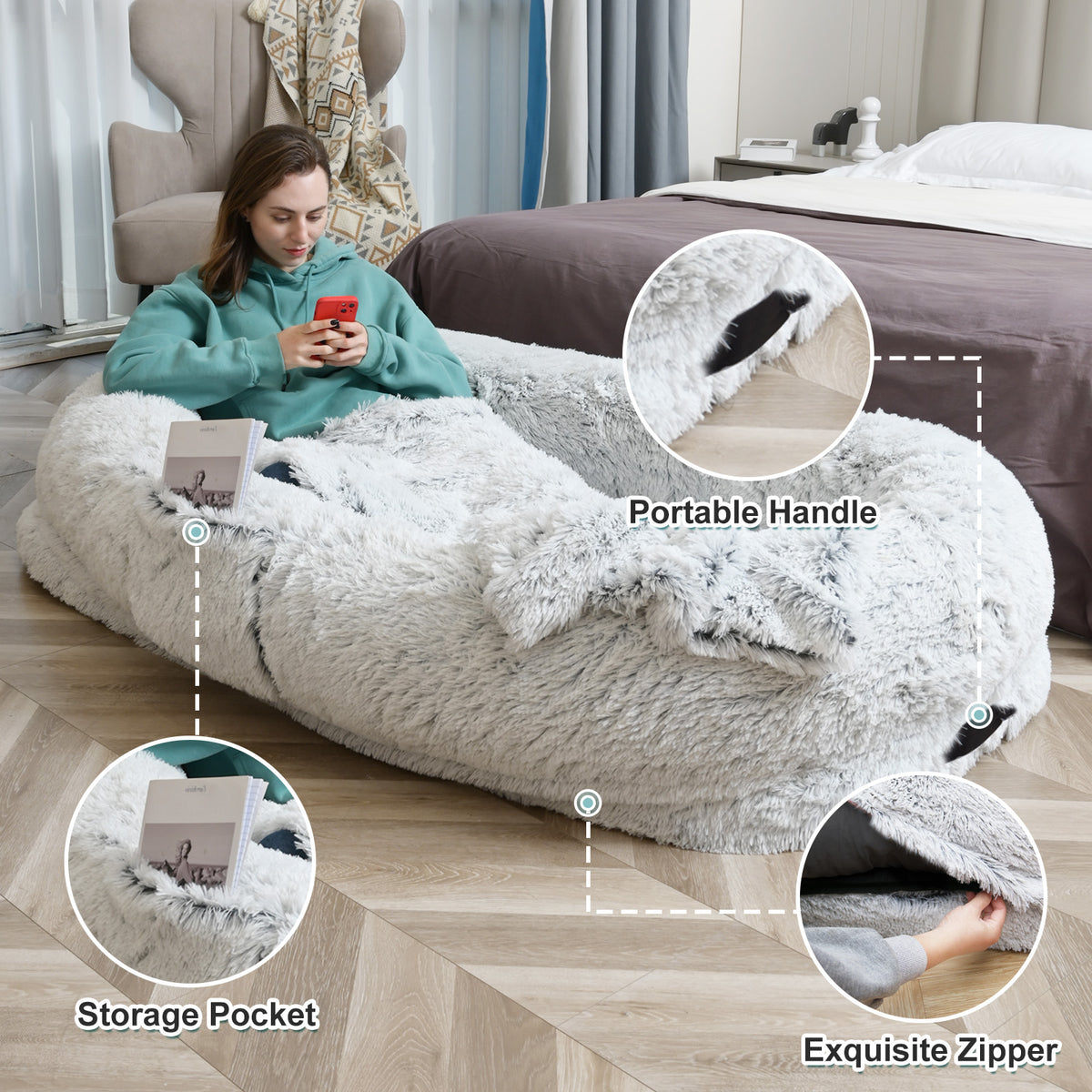 Large Washable Faux Fur Dog and Human Lounge Bed with Orthopedic Support, Pillow & Blanket