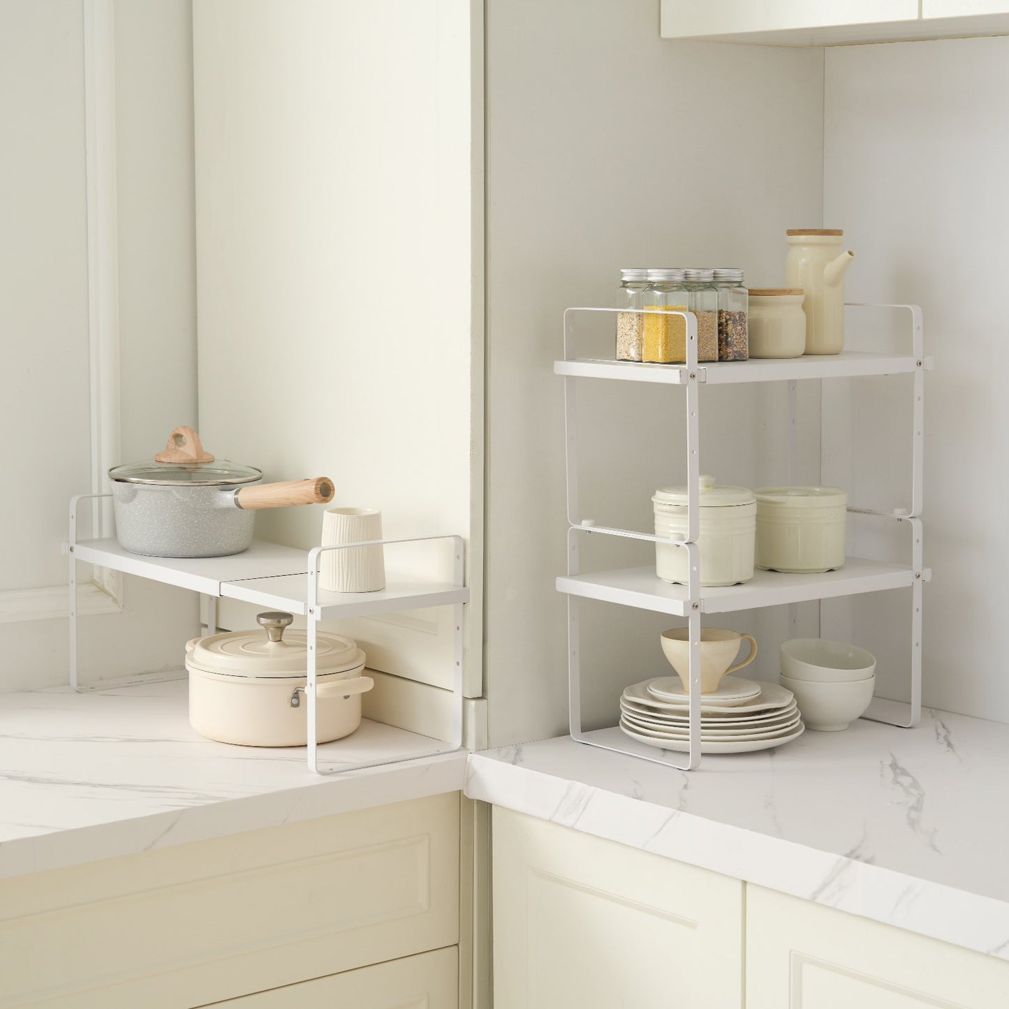 Adjustable 2-Tier Kitchen Organizer Shelf - White Steel Spice Rack