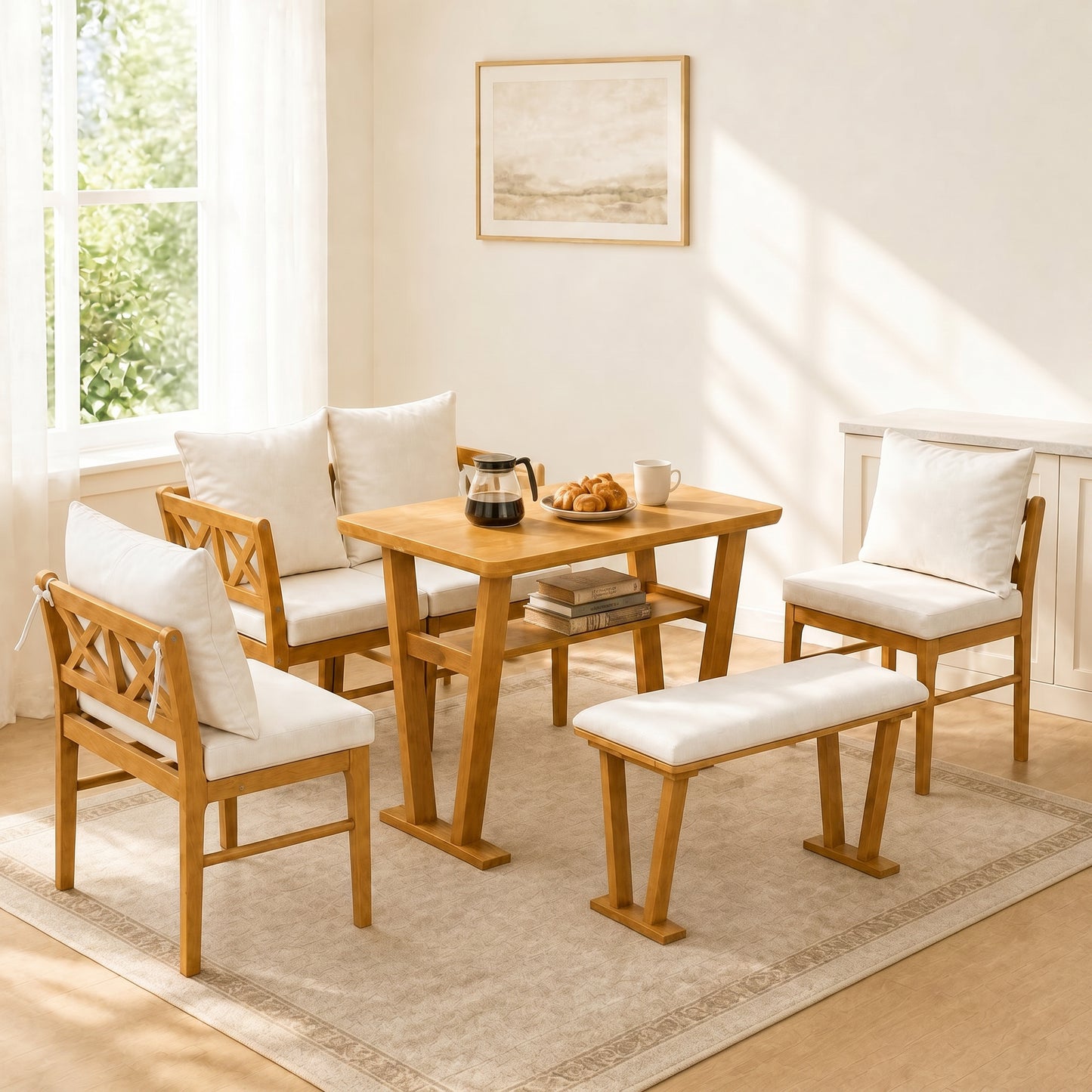 Farmhouse Solid Wood Kitchen Nook Dining Set for 6 - Natural & White