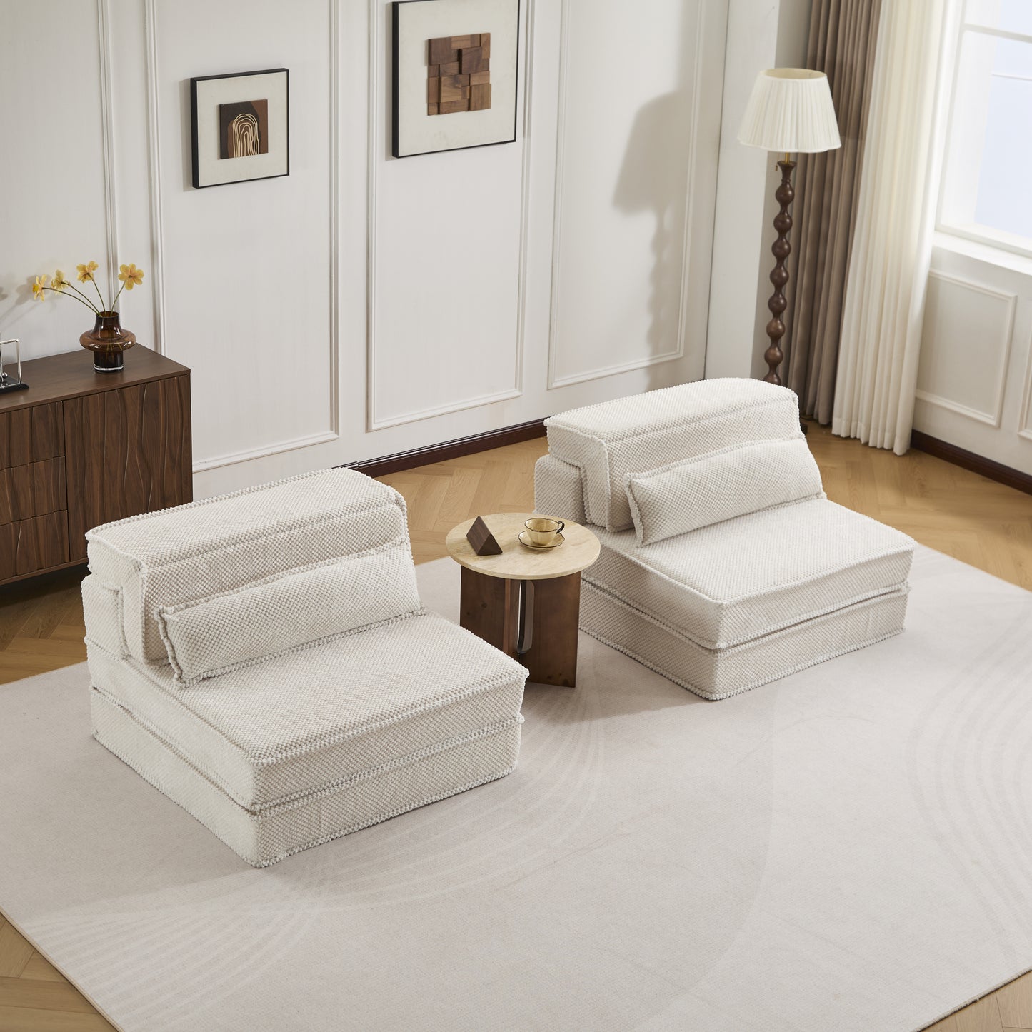Convertible Floor Sofa Bed - Oversized White Modular Sofa with Pillows