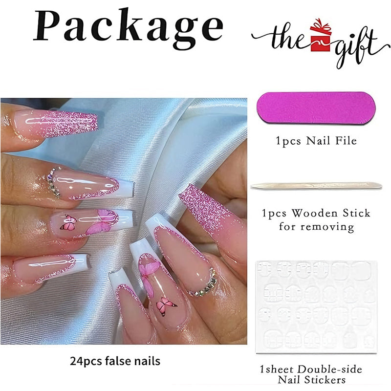 Long Square Press-On Nails with Butterfly Glitter Design - 24 Piece Set