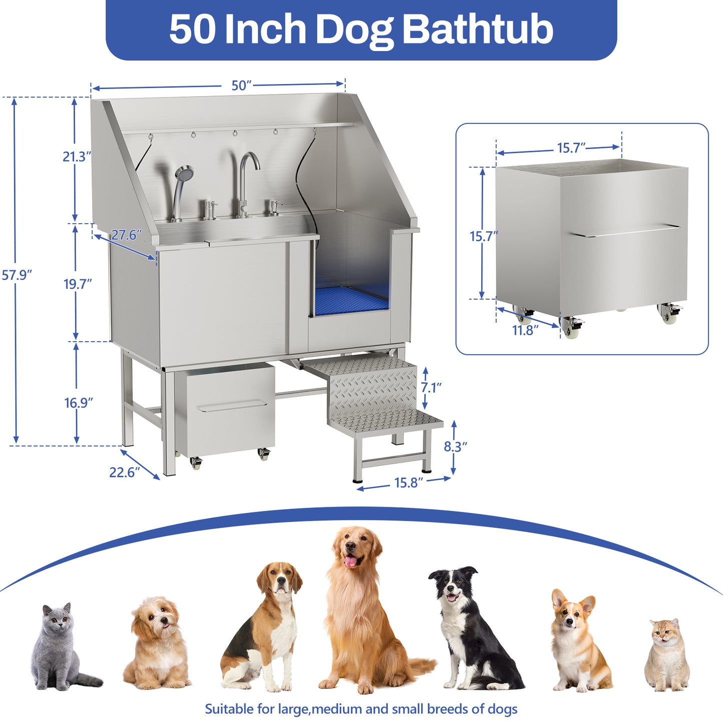 50-Inch Stainless Steel Dog Washing Station with Ramps