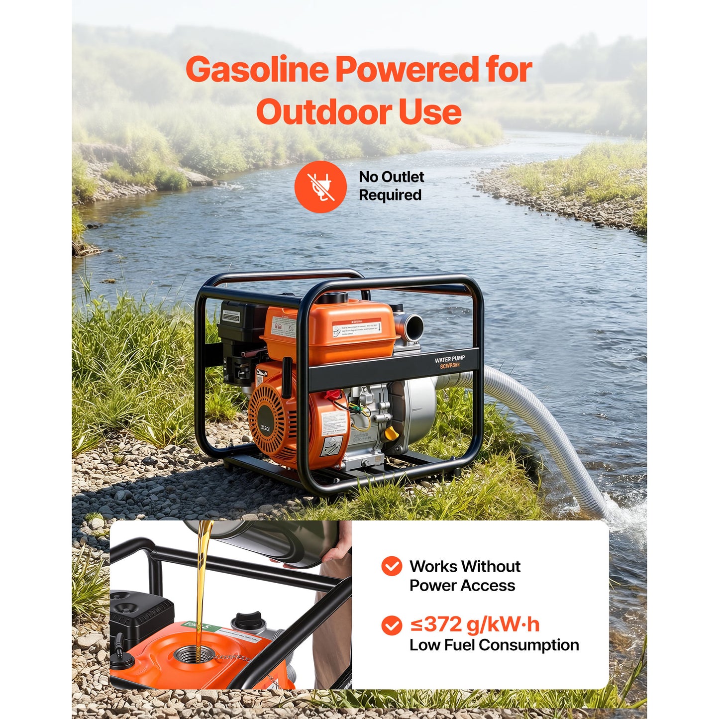 Gas Powered Water Pump 2 In 132 GPM 6.5HP Portable Irrigation & Pond Pump