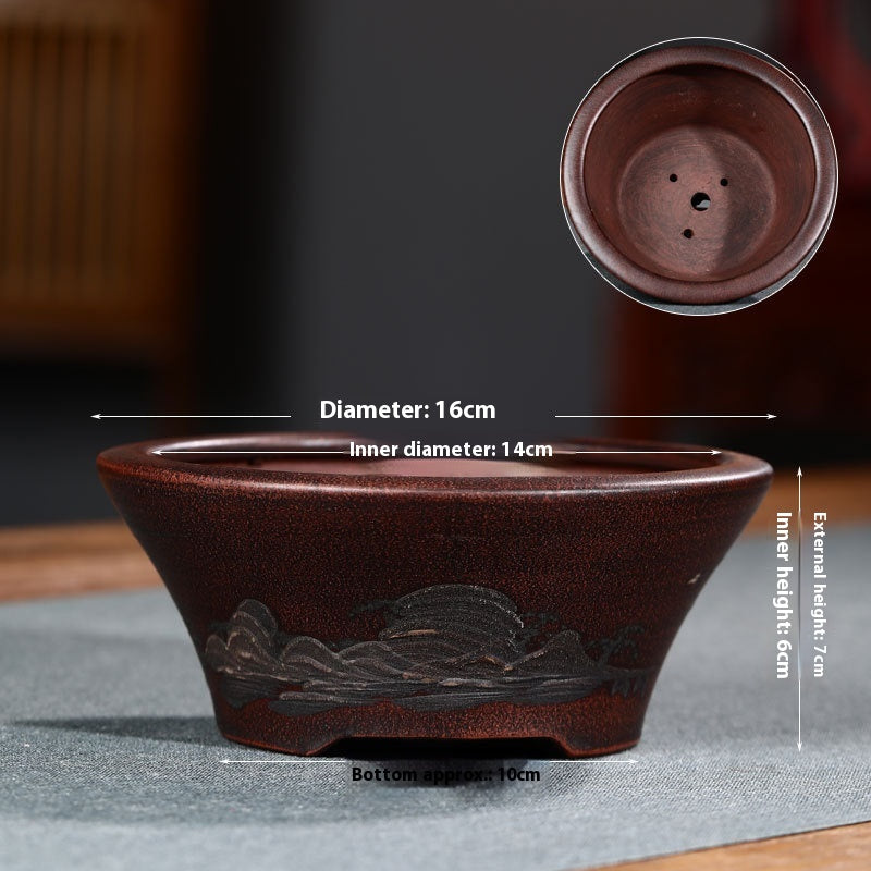 Purple Clay Flowerpot with Chinese Style Design Small Round & Square Options