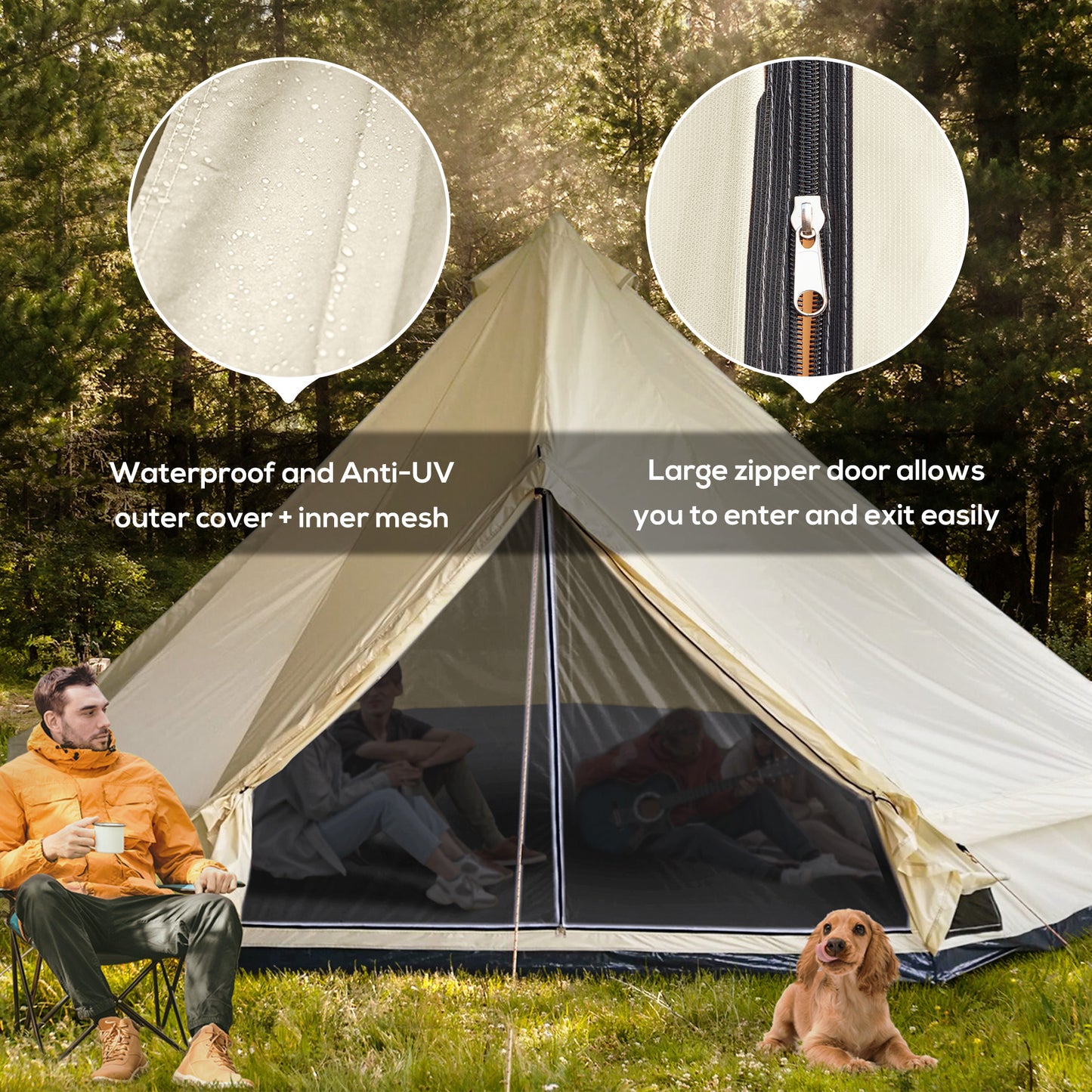 10-Person Large Waterproof Camping Tent - Beige Teepee Style