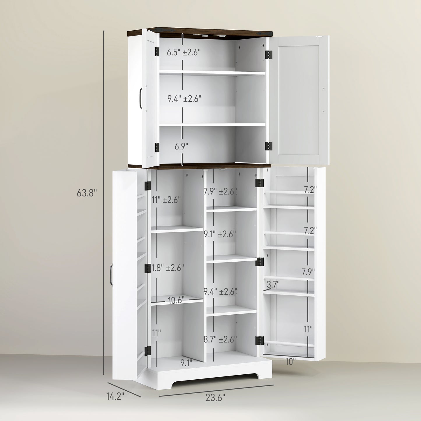 64" Tall Kitchen Pantry Cabinet with Adjustable Shelves & LED Light