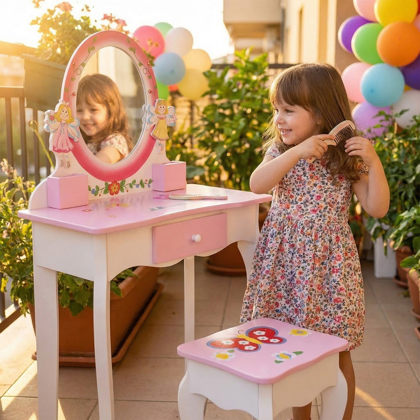 Kids Vanity Set Floral Printed Wooden Makeup Dressing Princess Table