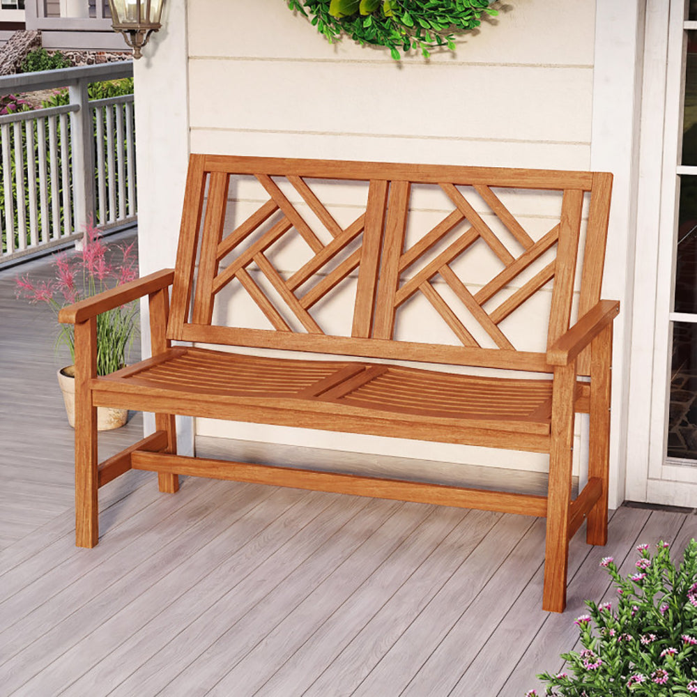 Outdoor Bench Wood 2-Person Patio Loveseat Chair With Geometric