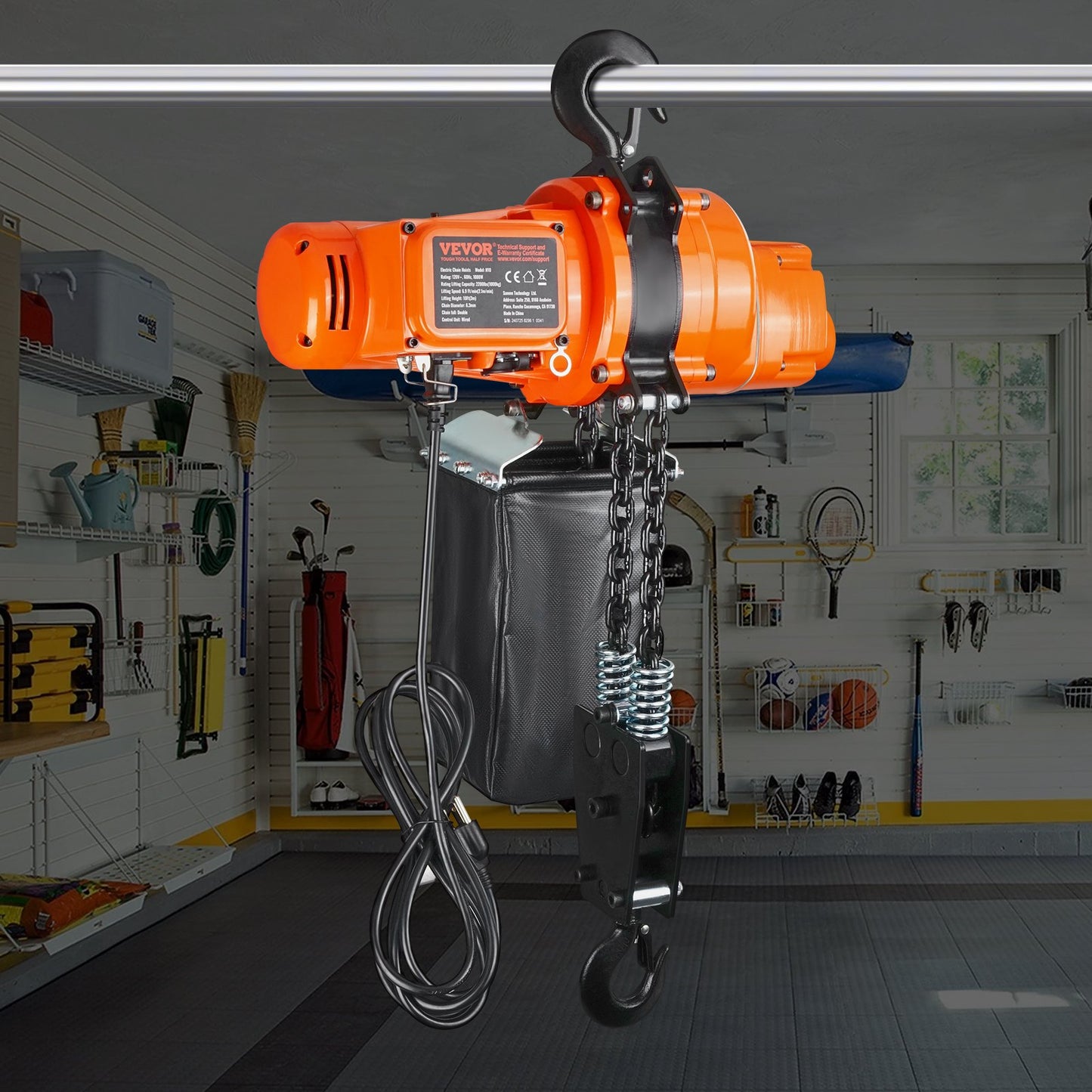 Electric Chain Hoist 2200 Lb Capacity, 10 Ft Lift, Single Phase, Orange