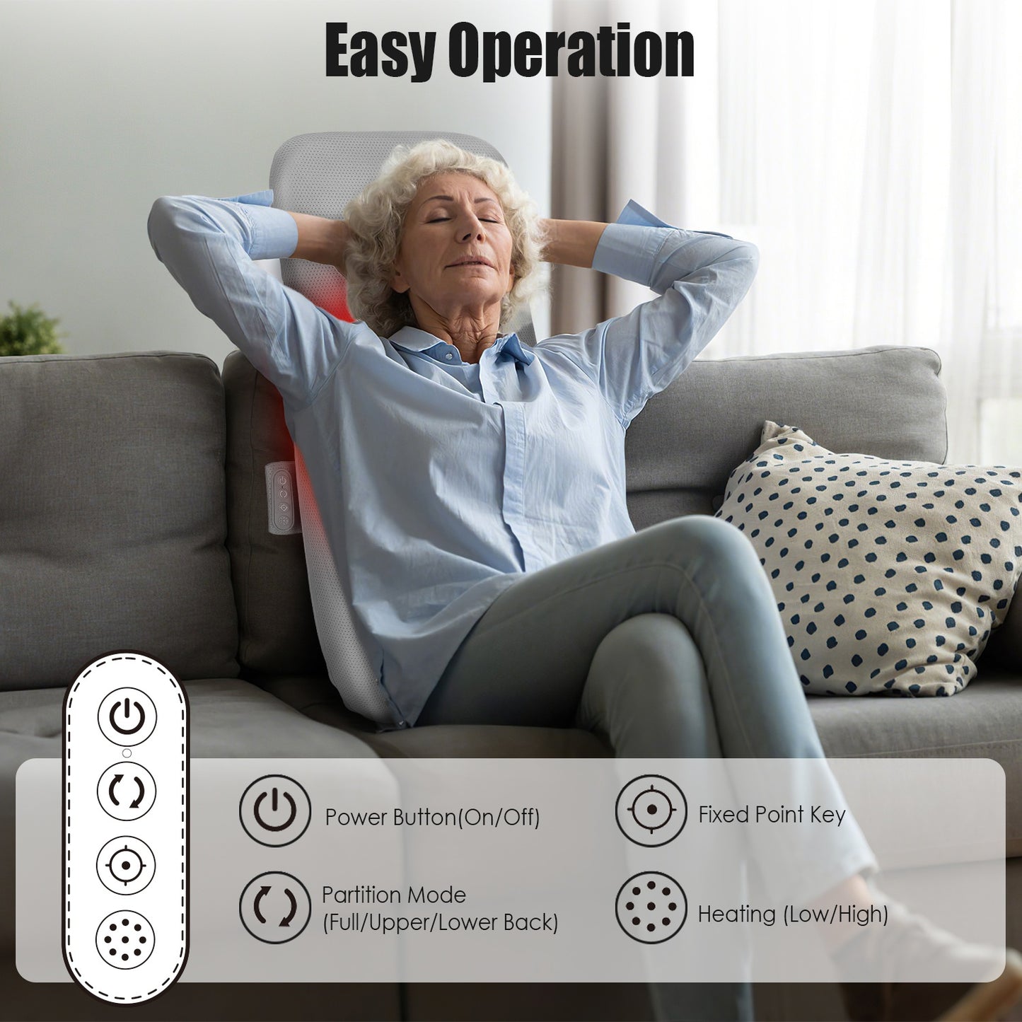 Full Back Massager with Heating & Rolling Nodes - Deep Tissue Shiatsu Chair Pad for Lumbar and Upper Lower Back Relief - Grey