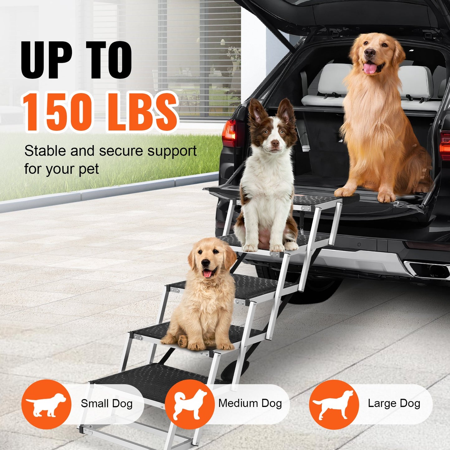 Foldable Dog Car Stairs - Aluminum Pet Steps Supports Up to 150 Lbs Black