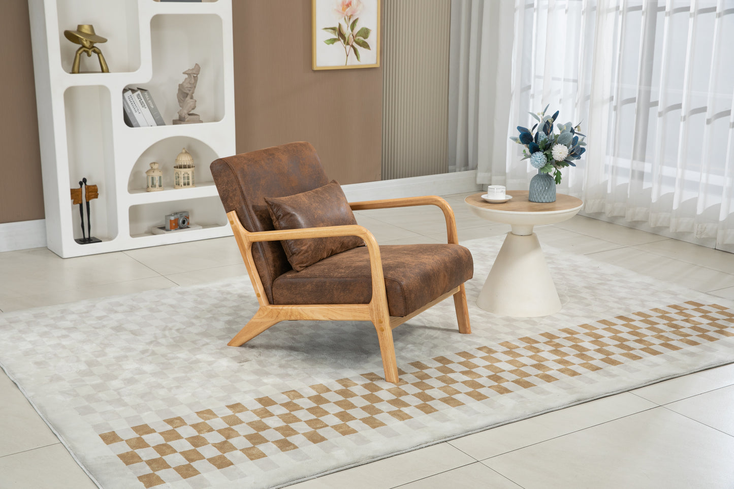 Mid Century Modern Accent Chair - Upholstered Wood Frame, Antique Brown