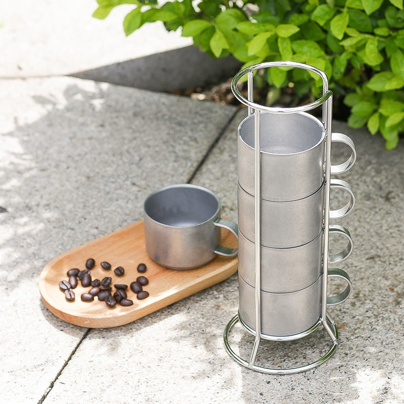 Outdoor Double-Deck Stainless Steel Coffee Cups Set with Storage Rack - Anti-Scald Insulated Drinkware