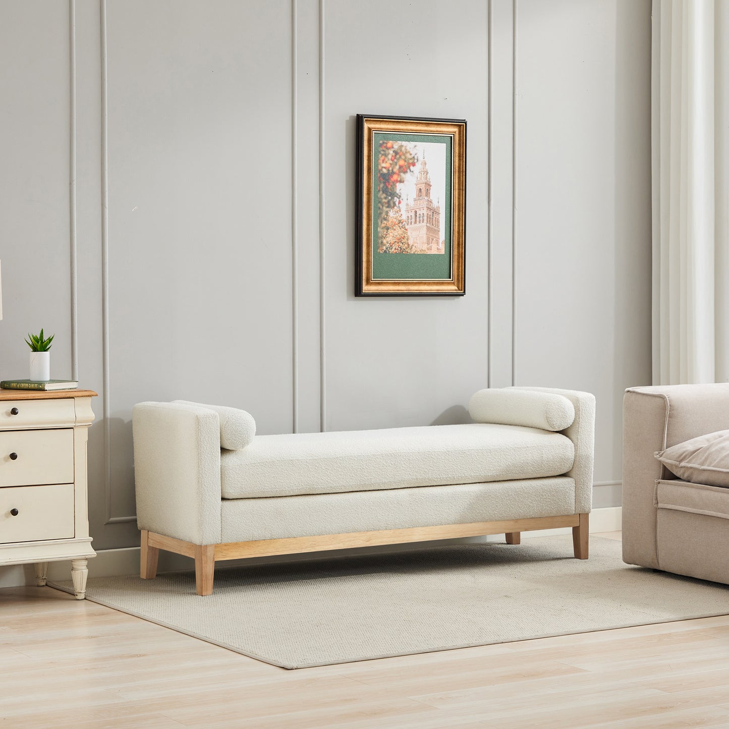 Upholstered End of Bed Bench with Wood Frame - Ivory Boucle