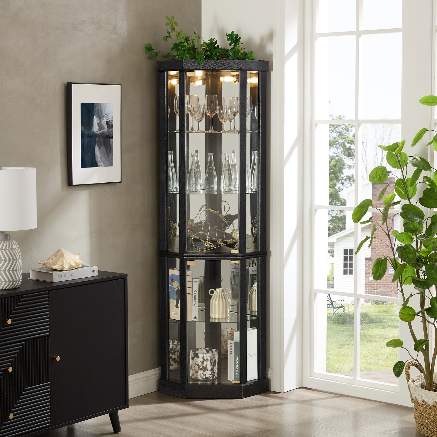 Lighted Corner Curio Cabinet - Elegant Glass Display Case For Living