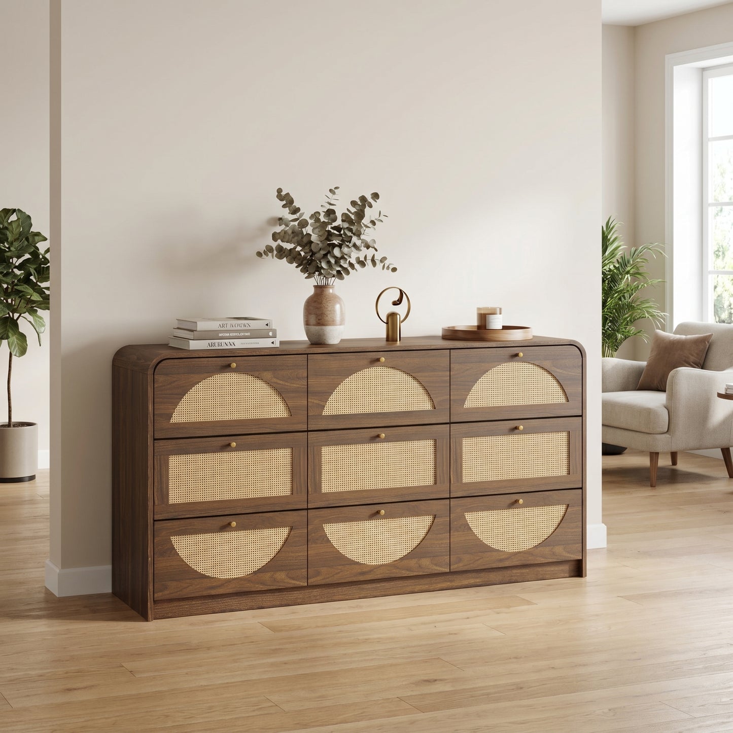 Modern 9-Drawer Dresser with Rattan Front - Walnut Finish