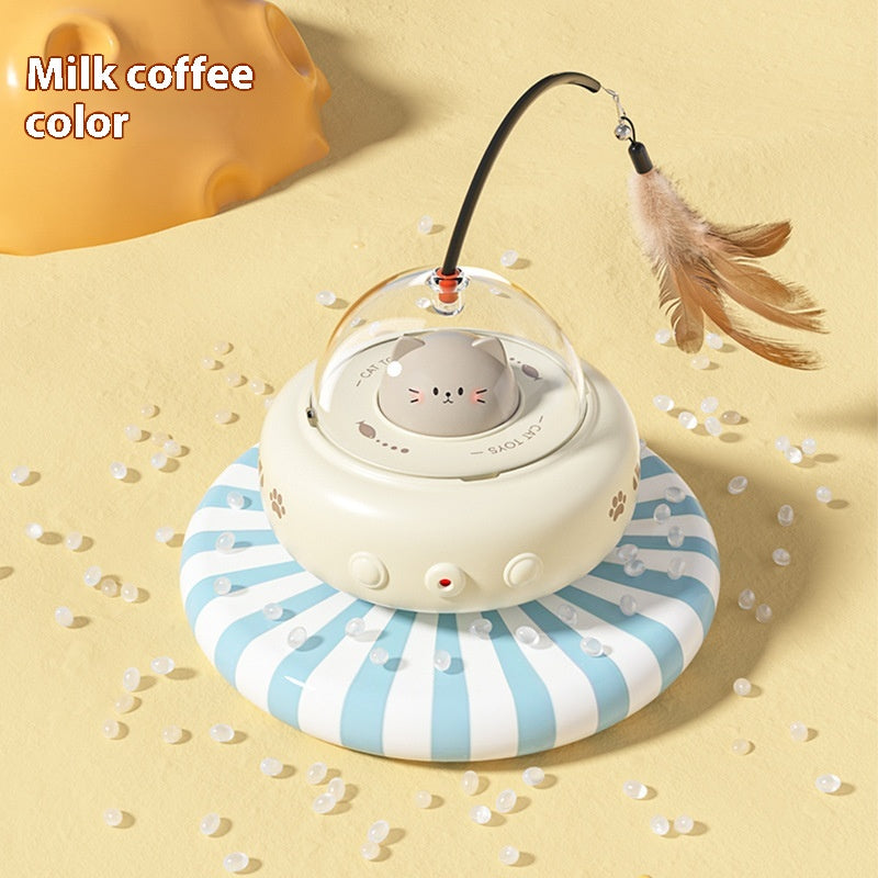 Electric UFO Cat Teaser Toy with Bell & Replaceable Feathers, USB Rechargeable Pet Chase Toy