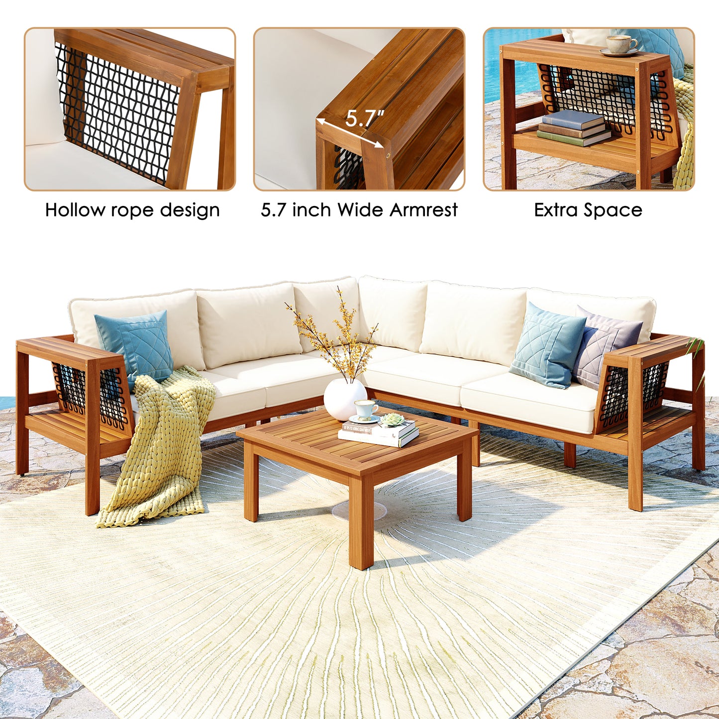 GO 4 Pieces Outdoor Acacia Wood Sofa Set, Woven Mesh Armrests,