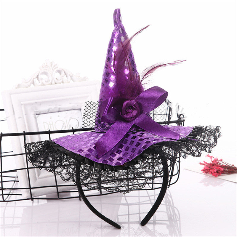 Masquerade Witch Hat Headband with Sequins & Lace